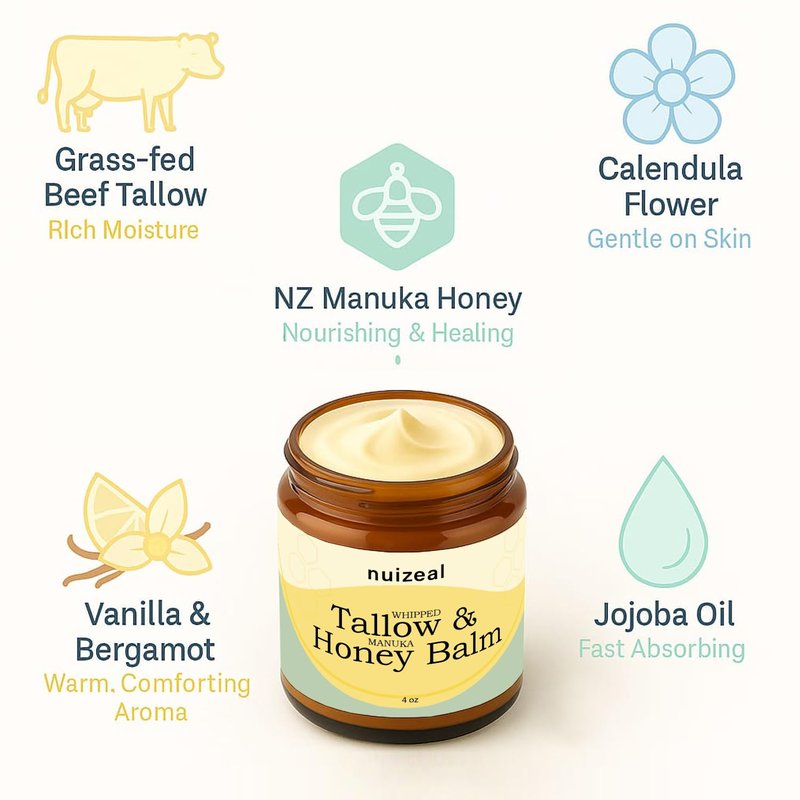 NUIZEAL Whipped Beef Tallow for Skin & Face - Tallow and Honey Balm Moisturizer, Grass-Fed, Calendula, Bergamot & Vanilla, 4 oz (4 oz, for Women)
