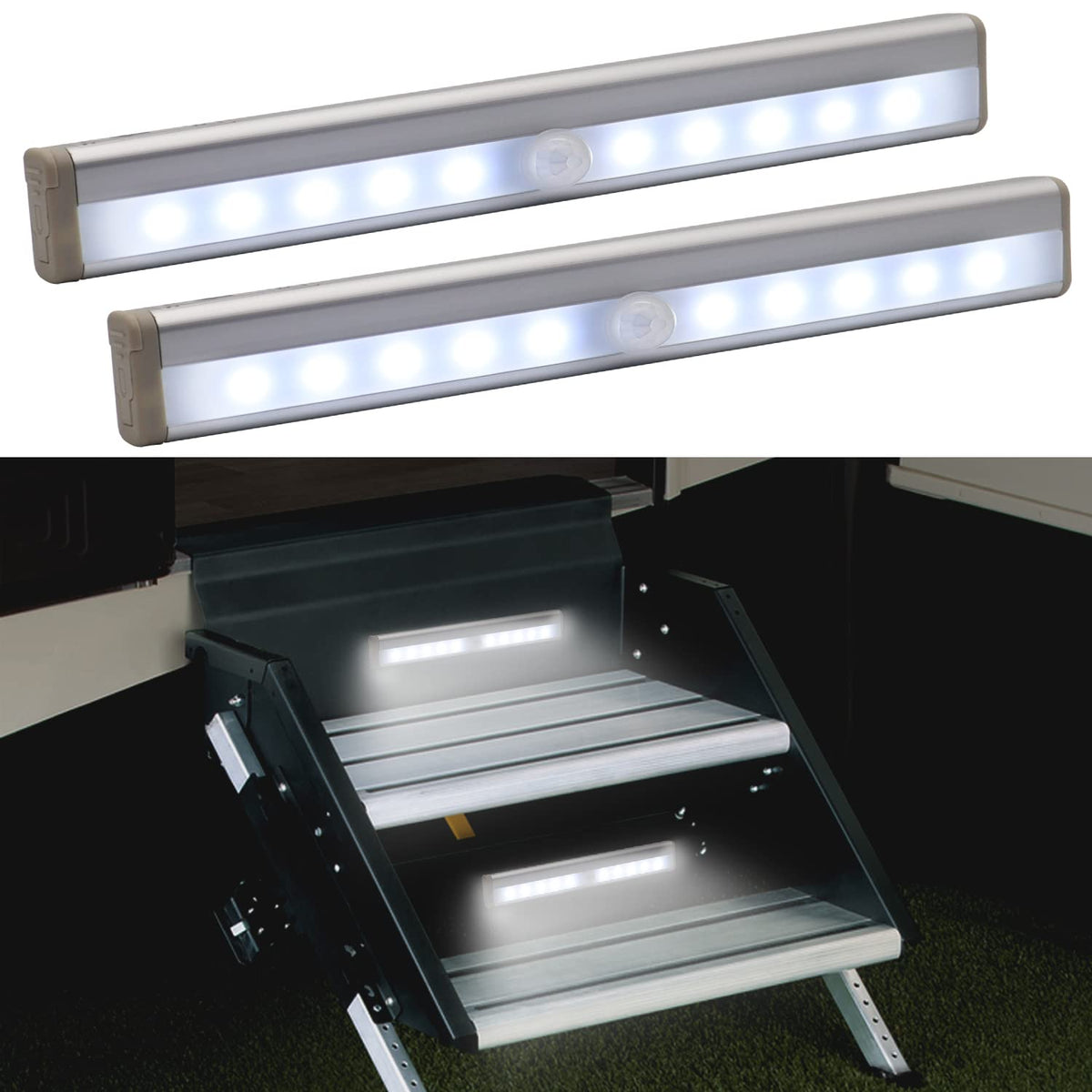 CCBASEBALL Motion Activated RV Step Lights, 10 LED Battery Operated Motorhome Motion Sensor led Light Strip, Magnetic Night Light Bar for Motorhome Travel,Travel Trailers, Camper (2 Pack)