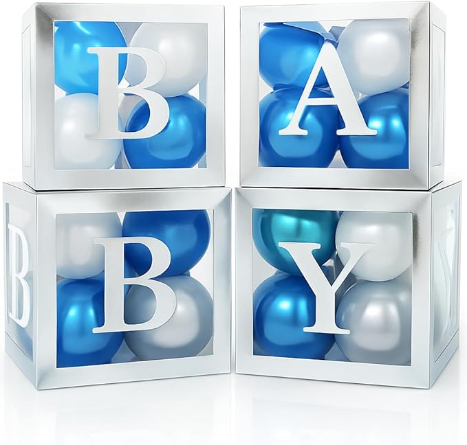 Baby Shower Boxes with Letters – Silver Boxes with Silver & Blue Balloons – 44-Piece Gender Reveal & Party Decoration Set by Vellax