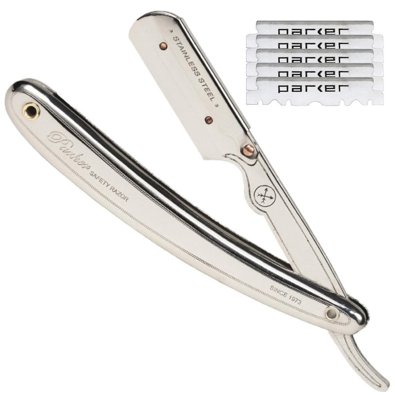 Parker SR1 Stainless Steel Straight Edge Barber Razor – Professional Shavette for Barbers & Home Use with 5 Premium Platinum Half Blades – Replaceable Blade Straight Razor for Close, Smooth Shaves
