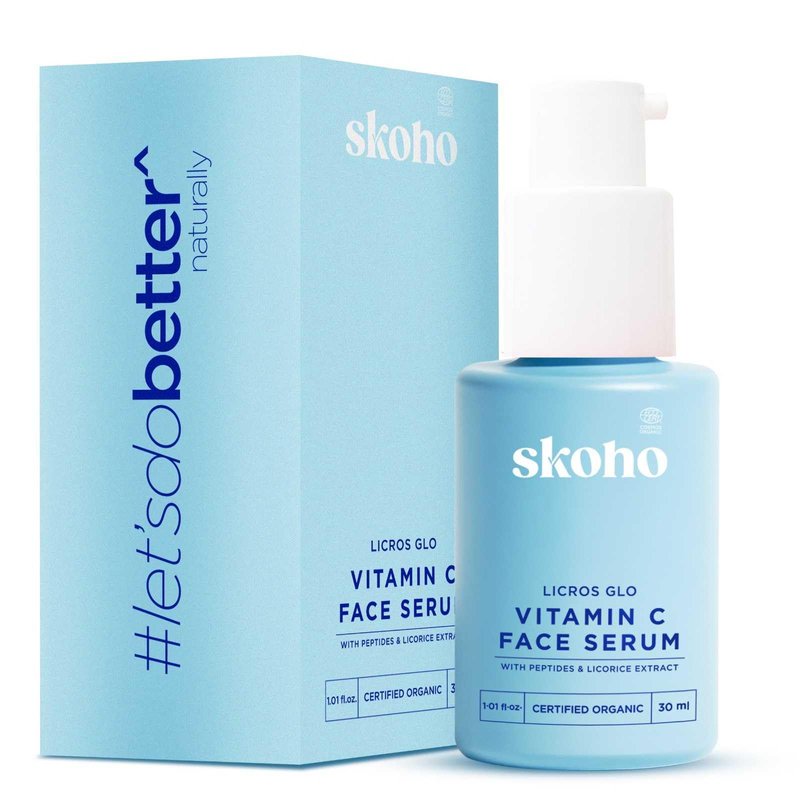 SKOHO Organic Vitamin C Face Serum with 98.932% Naturality | Reduces dark spots & Hyper Pigmentation | Licorice, Natural Peptides, Vitamin C | 30ml, Natural