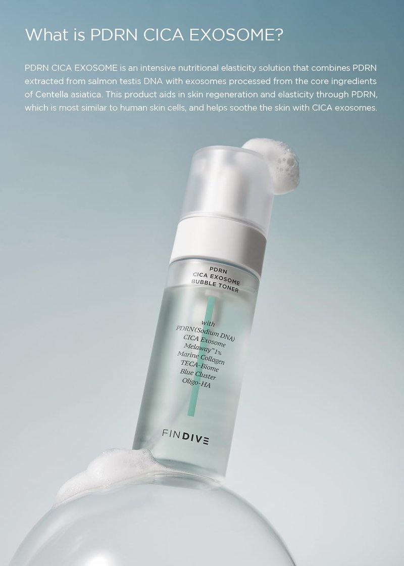 FINDIVE Official PDRN CICA Exosome Bubble Toner, PDRN (Sodium DNA) 1,000ppm, CICA Exosome 1,000ppm, Marin Collagen, Soothes, Regenerates Skin, Korean Skincare 5.07fl.oz