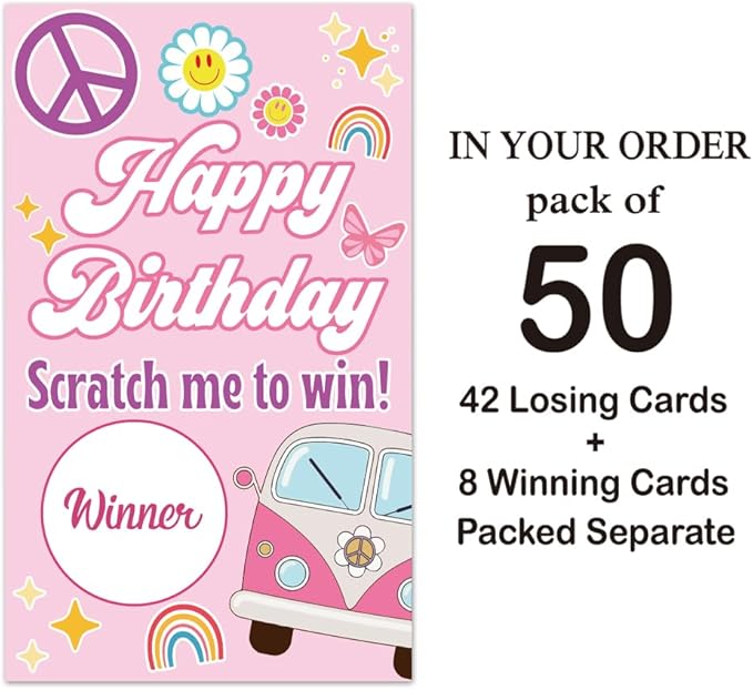 Haizct 50 Pack Happy Birthday Scratch Off Cards, 70's Retro Scratch Tickets for 18th 19th 21st 50th Birthday Party, Lottery Group Game Raffle Tickets for Retro Tea Party Bridal Shower Baby Shower