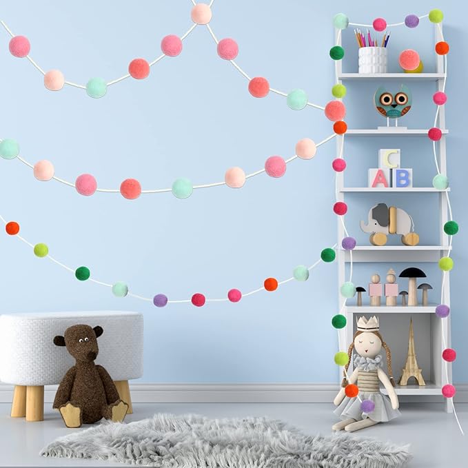CCINEE 9.8 Feet Felt Ball Garland Pink Pom Poms Balls Strings (24Pieces Bulk) Handmade 4 Colors Mixed 1.2" for Birthday Banner Festival Spring Party Favor