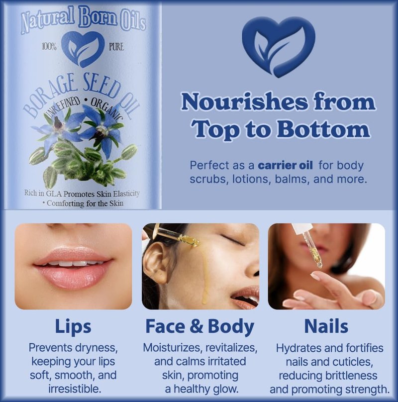 Natural Born Oils Borage Seed Oil, 8oz, Organic, Cold-Pressed, Carrier Oil, Omega-6 Rich, Skin Moisturizer, Hair Health Enhancer