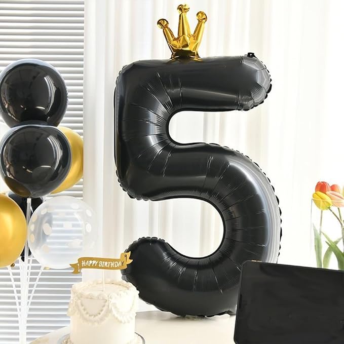 Black Number 5 Balloon with Crown, 40 inch Black Number Balloon 5th Birthday Party Decoration black Crown Balloons 0-9 for Birthday Party Anniversary Decorations Supplies