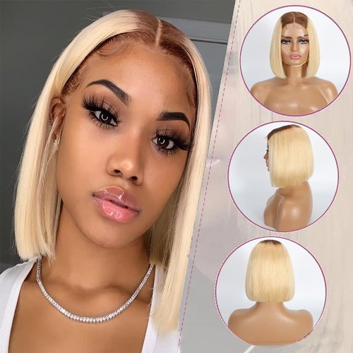 Selina Hair 2x6 HD Bob Lace Front Wigs Human Hair Ombre Blonde Bob Wig Human Hair P4/613 Color Straight Pre Plucked with Baby Hair Unprocessed Virgin Hair for Women 10 Inch