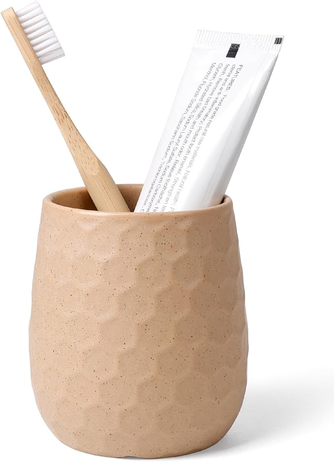 Toothbrush Holder, Tooth Brush Holder for Bathroom - Ceramic Toothbrush Cup Toothbrush Holders Countertop, Khaki Makeup Brush Holder Pen Holder, 3.62" x 3.62" x 3.93", ANTIS'S HOME