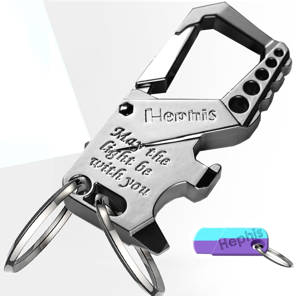 Hephis Skull Heavy Duty Key Chains with Lights,Bottle Opener,Screwdriver,Carabiner Car Key Chains for Men and Women(Silver)