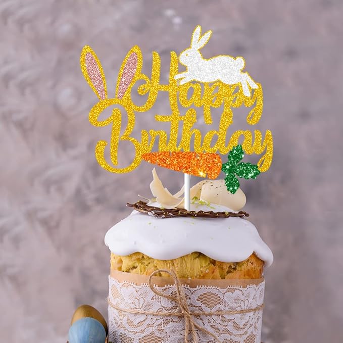Bunny Birthday Decorations, Easter Happy Birthday Banner, Happy Easter Decorations, Rabbit Theme Happy Birthday Banner for Children Girl 1st 2nd Bday Easter Spring Party Decor