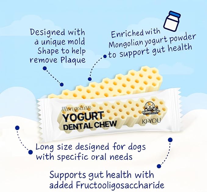 KI-You Mongolian Yogurt for Dogs – Probiotic & Prebiotic Rich for Gut Health, Soft Honeycomb Shape for Gentle Dental Care, for Sensitive Gums (Chew - Long Type)