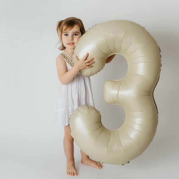 Number 3 Balloon Beige,40 Inch Large Cream Foil 3 Helium Balloons for Boys Girls Birthday Anniversary Decorations