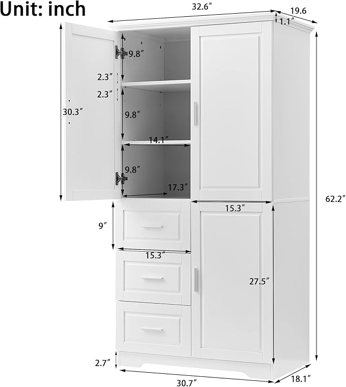 Merax Storage Cabinet with Three Drawers and Doors, Wide Pantry Cupboard for Kitchen, Living Room and Bathroom, Adjustable Shelf, White