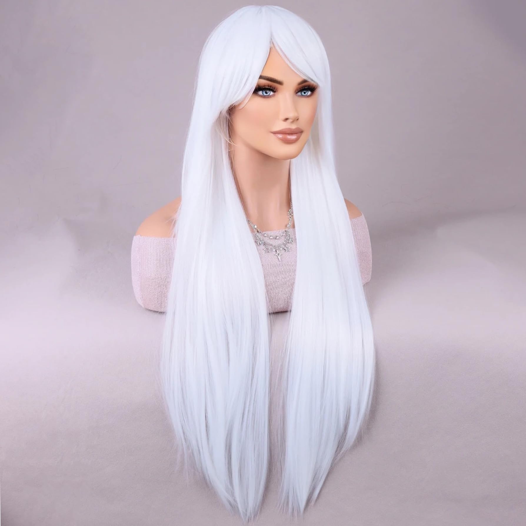 WTHCOS Long Black Wigs for Women Girls Long Straight Wig With Oblique Bangs Black Wig Heat Resistant Synthetic Wigs for Cosplay Costume Party