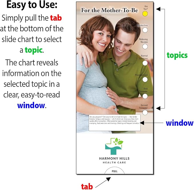 ZOCO - for The Mother-to-Be Slide Chart - Custom Promotional Item (Pack of 250) - Healthy Pregnancy, New Mom Brochure - Doctor’s Office, Hospitals, Clinics, Healthcare Center Handout - 3.75 x 8.5 in.