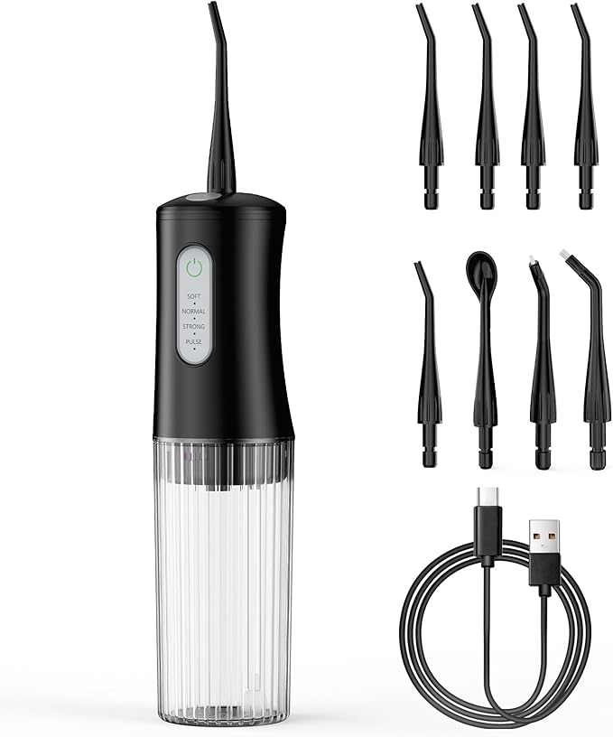 Cordless Water Flosser for Teeth Cleaning Pick - Electric Dental Irrigator with 4 Cleaning Modes & 8 Jet Tips, IPX7 Waterproof, Portable Rechargeable Design for Home & Travel Use,Black
