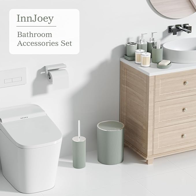 Sage Green Bathroom Accessories Set - Bathroom Sets, 25PC Bath Accessory Set, Bathroom Sets with Push Top Trash Can, Shower Curtain and Rugs, Toilet Brush, Trash Can & Soap Dispenser