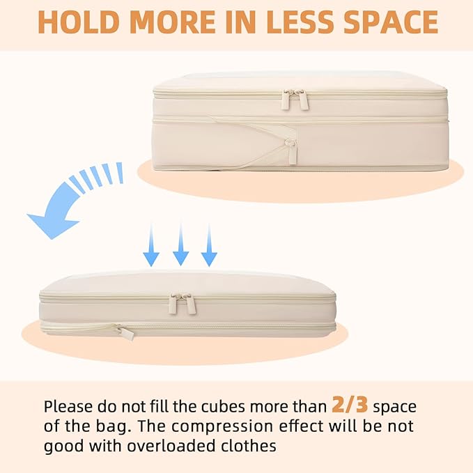 BAGAIL 4 Set/6 Set/8 Set Compression Packing Cubes Travel Accessories Expandable Packing Organizers (Square Mesh, 06-Beige)