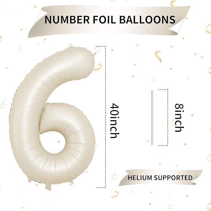 40 Inch Cream Number 6 Balloon, Beige Large 6th Birthday Balloons, Digital 6 Cream White Giant 6 Foil Balloon Helium for Boys Girls 6th Birthday Decorations Anniversary Baby Shower Party Supplies