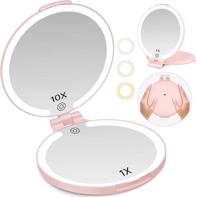 FUNTOUCH Travel Mirror with Light, 10X 1X Double Sided Magnification Makeup Vanity Mirror Rechargeable Lighted Mirror with 3 Color Setting Adjustable Rotation LED Vanity Desk Mirror,Pink