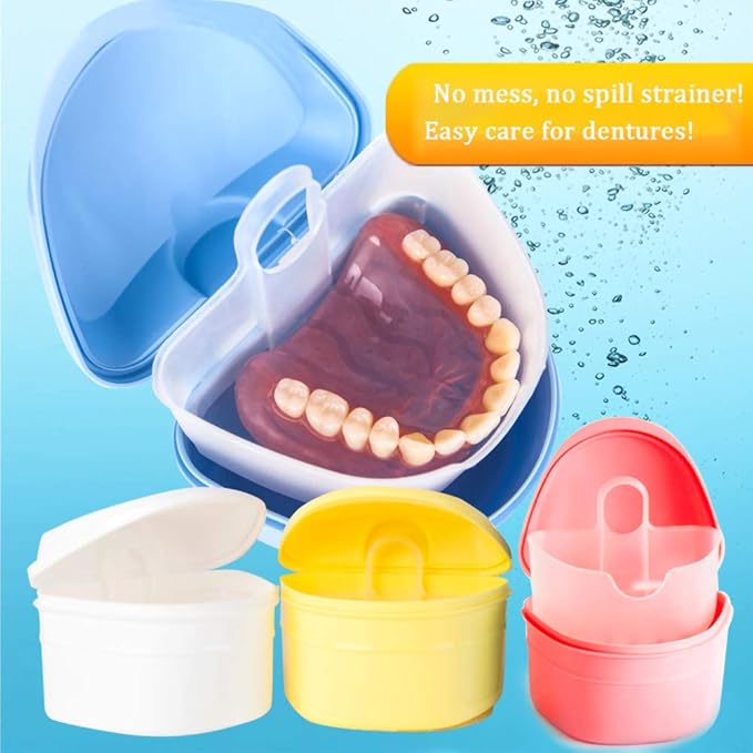Denture Bath Box Cup, Complete Clean Care for Dentures, Clear Braces, Mouth Guard, Night Guard & Retainers, Traveling (Navy Blue & Blue)
