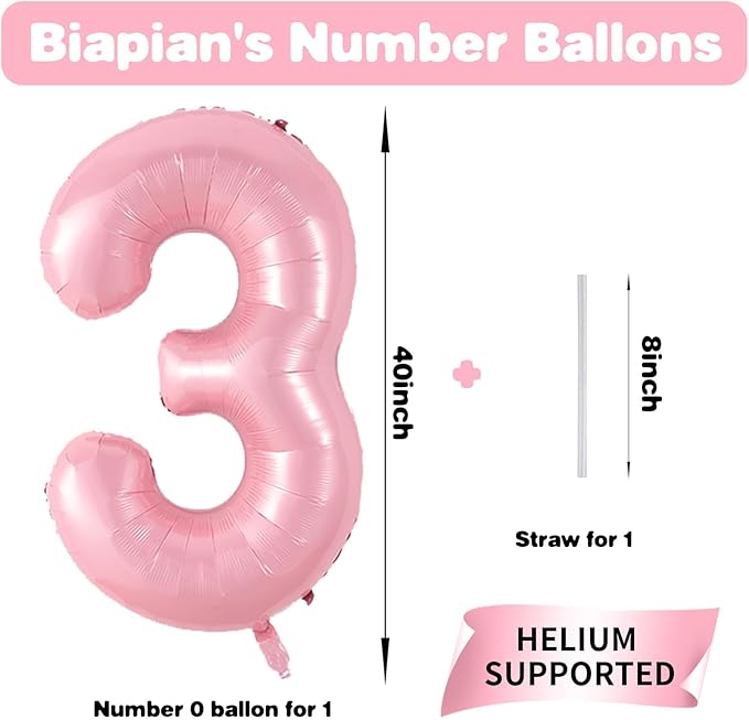 Biapian 40 Inch Pink 3 Balloon Number, Giant Light Pink 3 Foil Balloons Set, Pastel Pink Digital 3 Balloons Helium 3rd Birthday Balloons for Girls Women Princess 3 Year Old Birthday Party Decorations