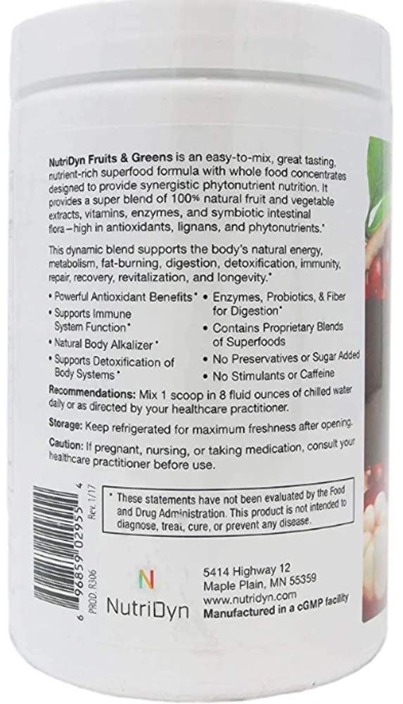 NutriDyn Fruits & Greens Berry Flavor *Certified Organic* w/ Acai, Gogi, Mangosteen, Noni & Pomegranate Super Fruits 304.8 Grams (Berry)