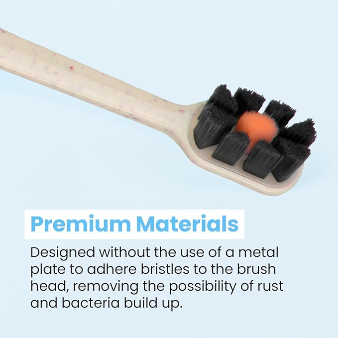 Lindo EcoCare Polishing Toothbrush - Charcoal Infused Bristles & Biodegradable Handle, for Sensitive Gums and Teeth, 12000+ Ultra Fine Charcoal Infused Bristles, Soft and Gentle, Pack of 4 (Blue)