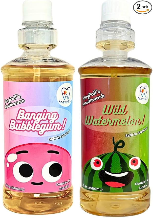 Bubble Gum and Watermelon Flavored Kid's Mouthwash, Safe to Swallow, Natural, Promotes Healthy Teeth, Gentle Taste, No Burn, Fluoride Free, Alcohol Free, 16.9oz (Pack of 2).