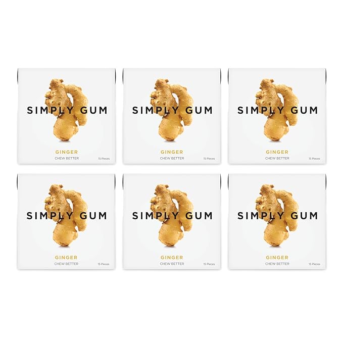 SIMPLY Gum Ginger, Plastic-Free Natural Chewing Gum, Made with real Ginger, 6 Pack (90 Pieces) | Vegan, Kosher, Non GMO, Aspartame Free and Sorbitol Free