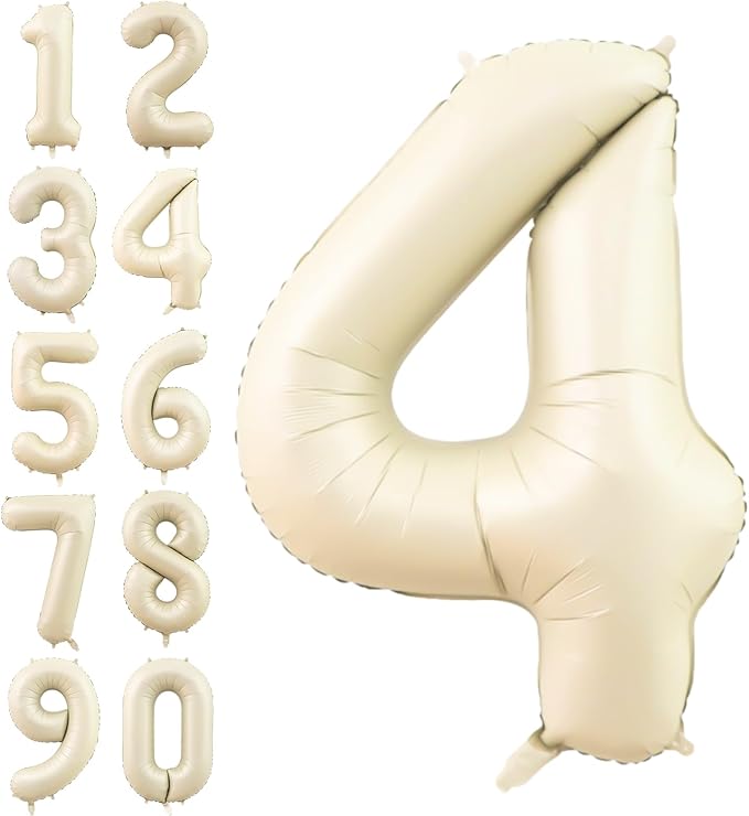 Number 4 Balloon Beige,40 Inch Large Cream Foil 4 Helium Balloons for Boys Girls Birthday Anniversary Decorations