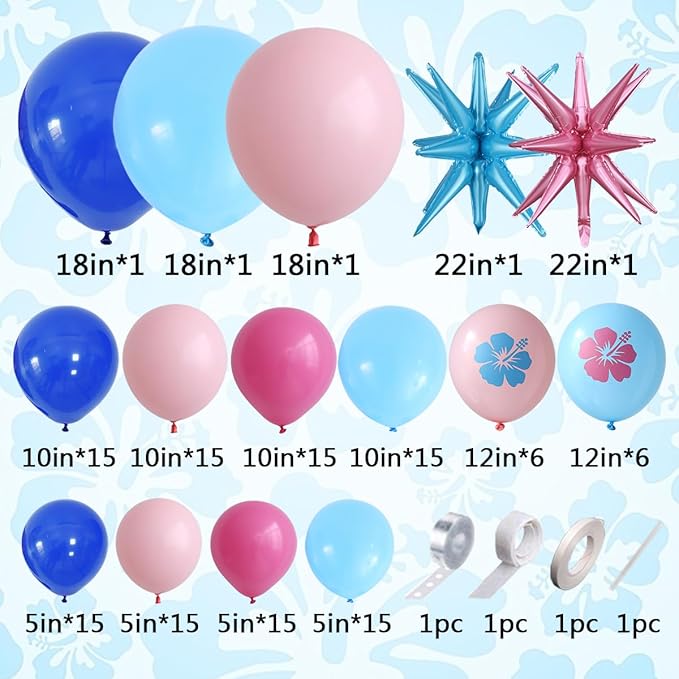 147Pcs Royal Blue and Pink Balloon Garland Arch Kit, Light Blue Pink Hibiscus Latex Balloons with Artificial Palm Leaves for Summer Tropical Hawaii Cartoon Birthday Party Decoration