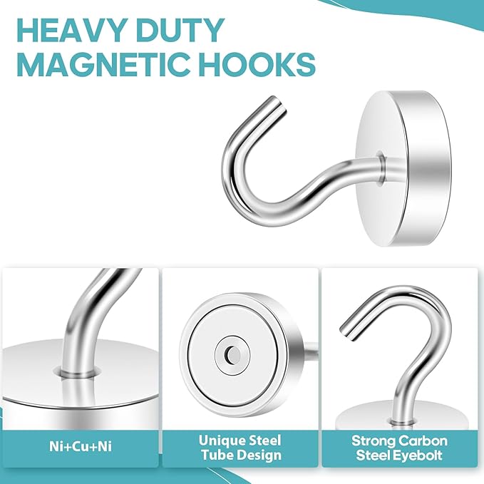 Neosmuk Magnetic Hooks, Cruise Ship Essentials, 40lb+ Heavy Duty Magnetic Hooks for Cruise Cabins, Refrigerator, Grill, Hanging, and Travel | Extra Strong Must-Haves Magnet Hook,Silver,Pack of 10
