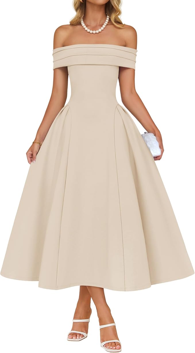 ZESICA Summer 2026 Cocktail Dresses for Women's Off Shoulder Short Sleeve Swing A Line Wedding Evening Party Midi Dress