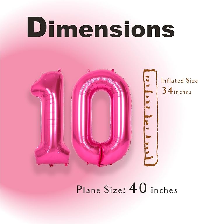 SUWEN 40 Inch Hot Pink Large 10 Balloon Numbers Big Foil Helium Number Balloons 0-9 Jumbo Happy 10th Mylar Birthday Party Decorations for Girl Anniversary Party Supplies