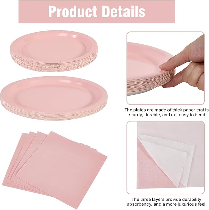 Ottin 169PCS Pink Party Supplies for 24 Guests – Disposable Paper Plates, Napkins, Cups, Forks, Knives, Spoons & Tablecloth for Birthday, Wedding, Halloween, Thanksgiving, Christmas, and New Year