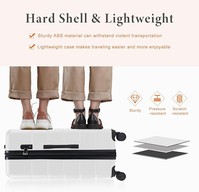 Sweetcrispy Carry on Suitcase, Luggage with Spinner Wheels, Hard Shell ABS, TSA Lock, 28 Inch White