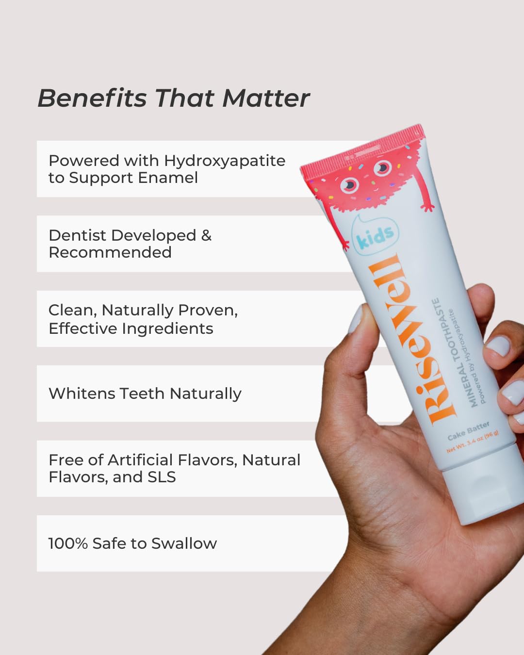 RiseWell Mineral Toothpaste for Kids - Hydroxyapatite Toothpaste with Xylitol for Teeth Protection - Made by Dentists, Safe to Swallow, Gentle and All Natural - Cake Batter Flavor, 3.4 Oz