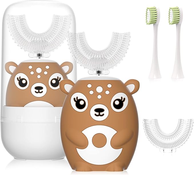 Kids Electric Toothbrushs U Shaped Sonic Automatic Toothbrush with 4 Brush Heads, Six Cleaning Modes,Cartoon Deer Modeling, Full Mouth Toothbrush for Baby