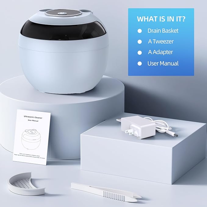 Ultrasonic Retainer Cleaner, Retainer Cleaner Machine for Dentures, Mouth Guards, Braces, Toothbrush Heads, Jewelry with 200ML Capacity, 45kHz Retainer Cleaning, 4 Modes for Appliances, Blue