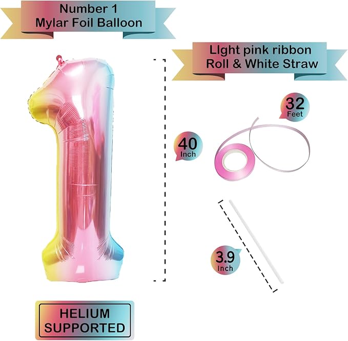 40 Inch Giant Rainbow Number 1 Balloons, Birthday Balloons, Helium Mylar Foil Big Number Balloons for Birthday Party Decorations, Kids' Birthday Anniversary Party Baby Shower Unicorn Parties