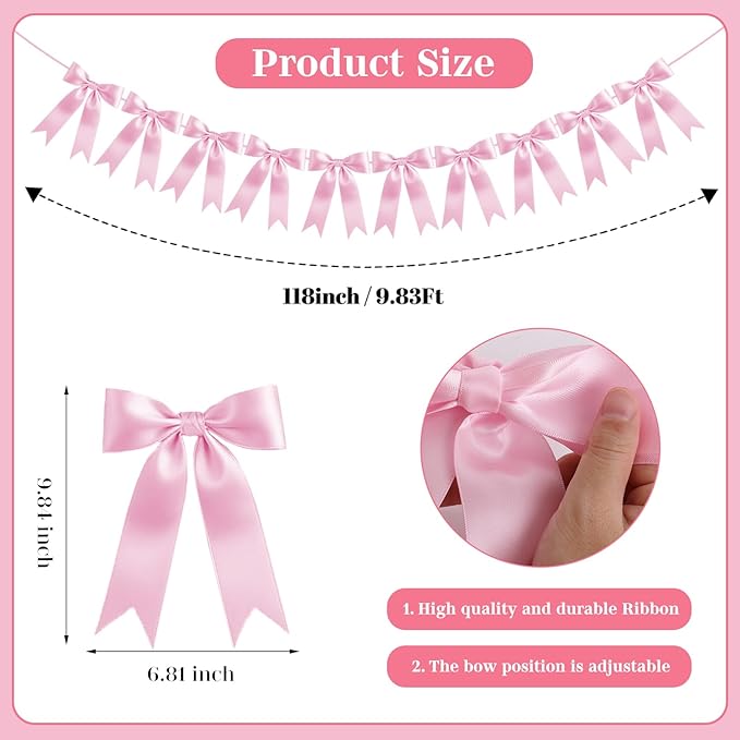 Baby Pink Bow Garland Bow Banner Bow Party Decorations Pre-Strung Large Coquette Satin Ribbon for Birthday Bachelorette Party Bridal Shower Wedding Engagement Baby Shower