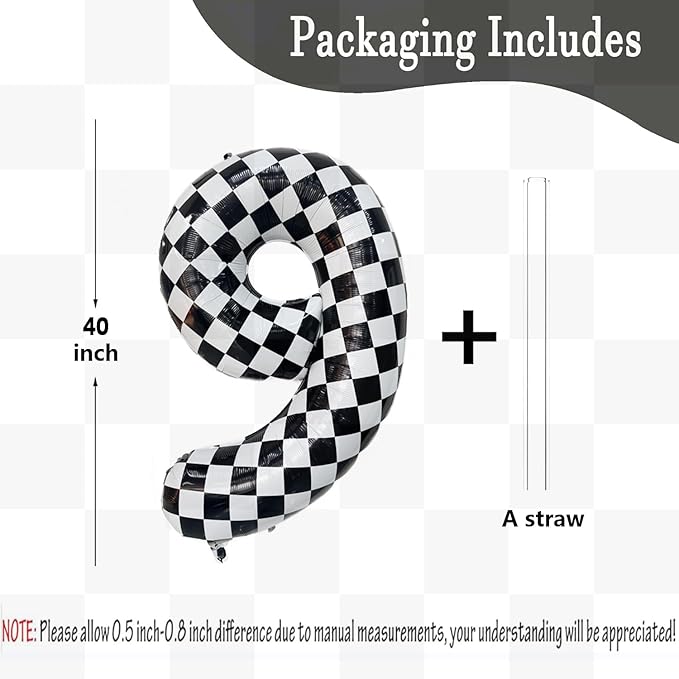 40 Inch Checkered Number Balloon 9 Black and White Number 9 Balloon Foil Helium Balloons for Birthday Party Decoration Girls Boys Baby Shower Anniversary Decoration Race Car Party Decoration