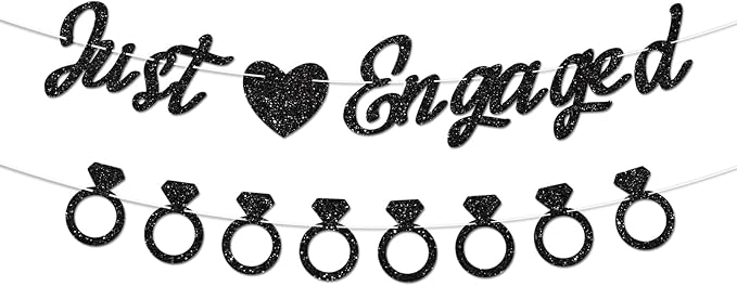 Just Engaged Banner, No DIY, Glitter Black Engagement Party Decorations and Diamond Ring Banner Sign for Bridal Shower Wedding Shower Bachelorette Party Decorations.