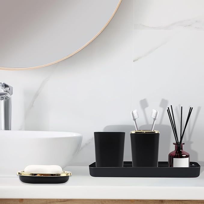 Black and Gold Bathroom Accessories Set, Bathroom Sets with Shower Curtain, Black Bathroom Accessories with Trash Can, Soap Dispenser, Soap Dish, Toilet Brush Holder, Qtip Holders for Bathroom