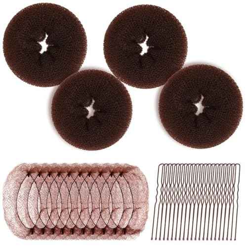 Teenitor Hair Bun Maker Kit - 4pcs Medium Donut Shapers, 10pcs Invisible Nets, 10pcs Bobby Pins, Crown Shaper Set