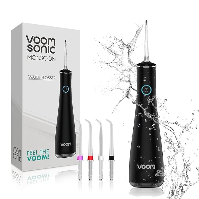 Cordless Water Flosser (Black) | Portable Oral Irrigator, Travel-Friendly Water Pick with 4-Tips, 3 Speed Rechargeable Water Dental Flosser for Teeth Cleaning, Braces & Sensitive Gums, IPX7 Waterproof