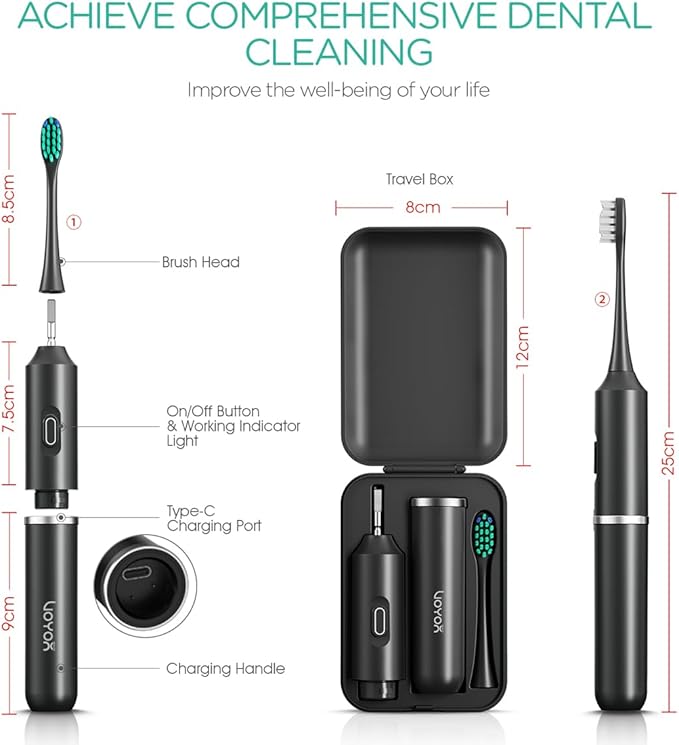 VOYOR-Health Travel Electric Toothbrush, Rechargeable Toothbrushes for Adults, Portable Sonic Toothbrush with 5 Modes, Three-Section Detachable Design with Travel Case ET410 (Black)