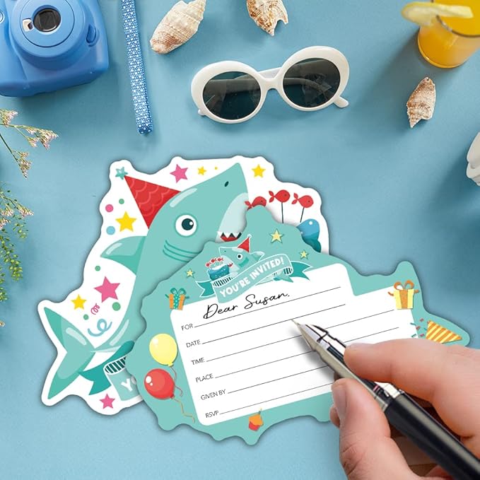 RZHV 15 Pack Blue Shark and Birthday Cake Shaped Fill-In Invitations Cards With Envelopes for Boys & Girls Adults, Funny Baby Shower Party Birthday Party Invite (Baby Shower)