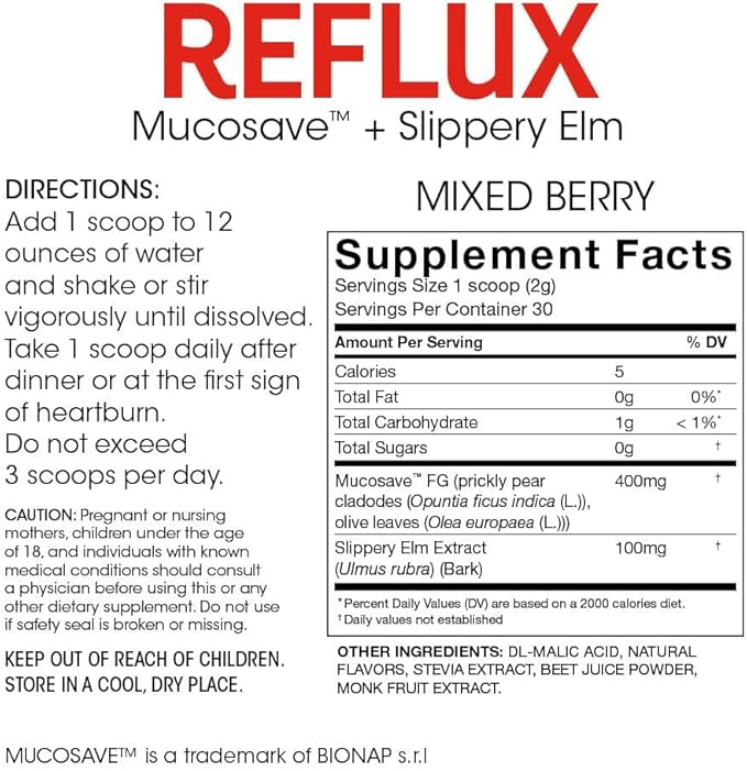 Reflux - Digestive Supplement - Each Tub = 30 Scoops = 30 Servings - Mucosal Support for Acid Issues - with Mucosave FG and Slippery Elm Bark (1 Tub)